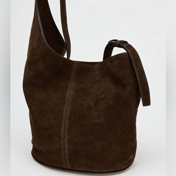 Zara Asymmetric Chocolate Suede Shoulder Hobo Bag in Dark Brown - Picture 5 of 14